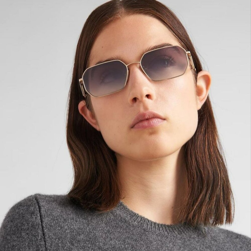 Prada PRA51S ZVN30C Sunglasses Pale Gold Gradient Blue Mirror Geometric Unisex - Picture 4 of 15